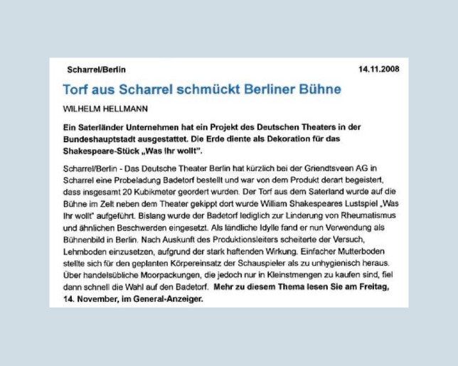 Artikel aus dem Generalanzeiger vom 14.11.2008 - Torf aus Scharrel schmückt Berliner Bühne