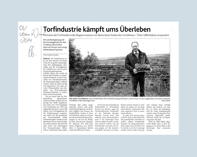 Artikel aus der Oldenburgischen Volkszeitung vom 02.06.2014 - Torfindustrie kämpft ums Überleben